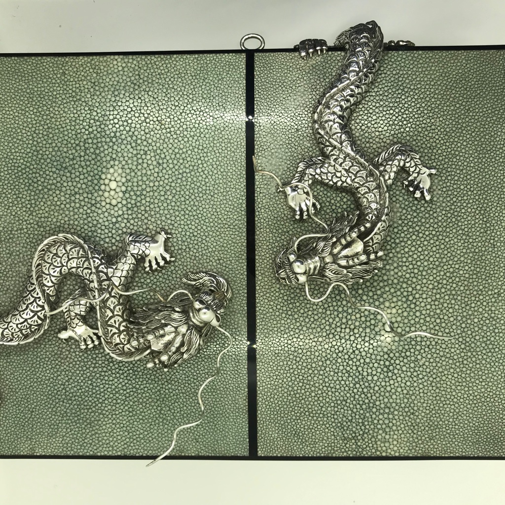 Green Shagreen Humidor with Silver Dragons, Lotus Art de Vivre