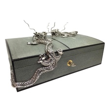 Green Shagreen Humidor with Silver Dragons, Lotus Art de Vivre