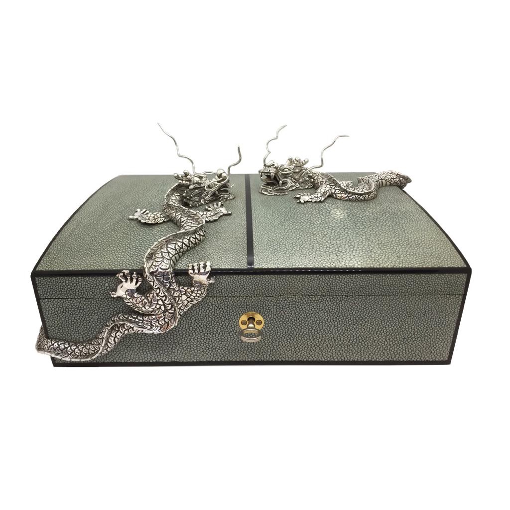 Green Shagreen Humidor with Silver Dragons, Lotus Art de Vivre